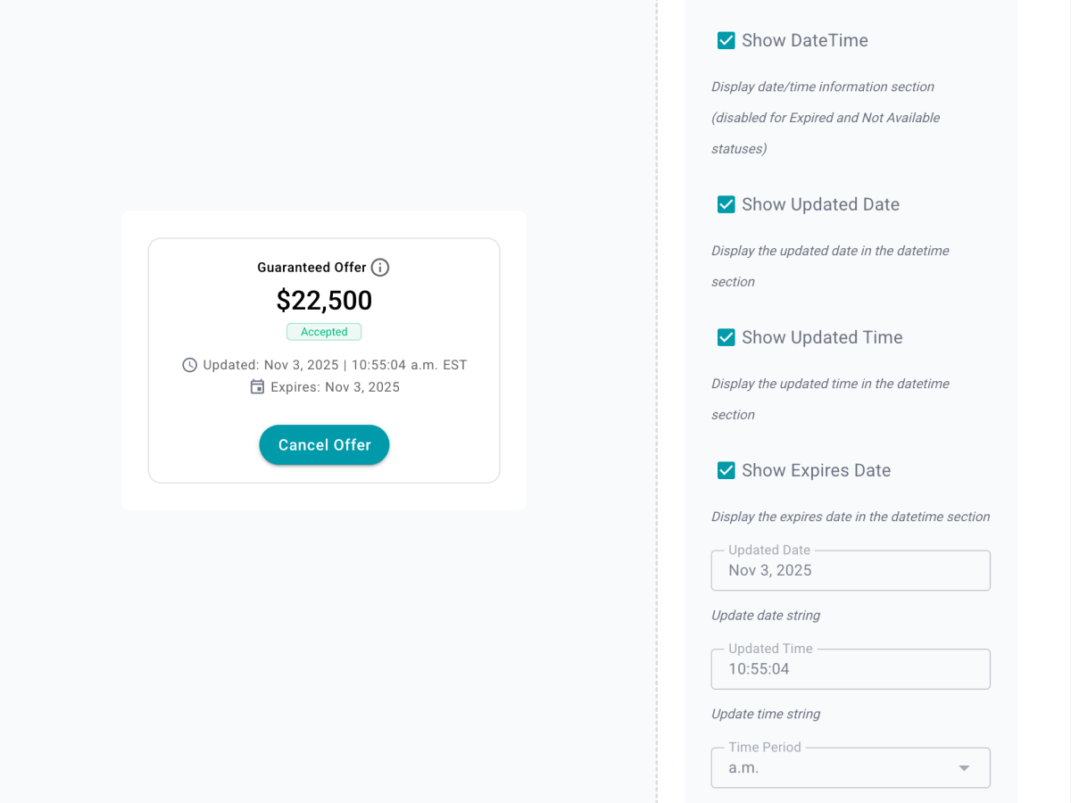 Guarantee Sale Component with interactive demo properties